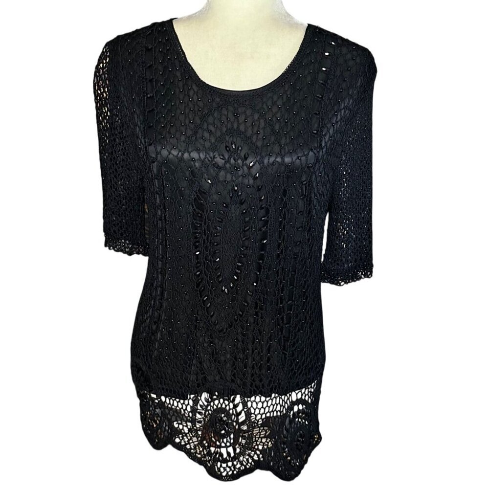 Vintage Beaded Crochet Top Black XL Open Knit Goth Fairy Whimsigoth Evening Y2K